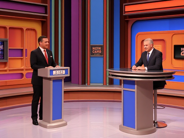 A game show studio with a host and two contestants. the contestants are standing at a small lectern and the host is to their right sitting at a high table.  the studio set is decorated with a retro 70's and 80's aesthetic, colorful retro.