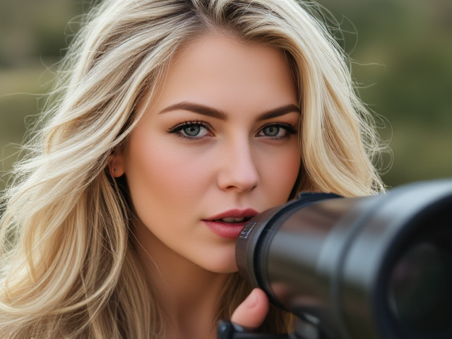 Beautiful large breasted blonde woman with a telescope
