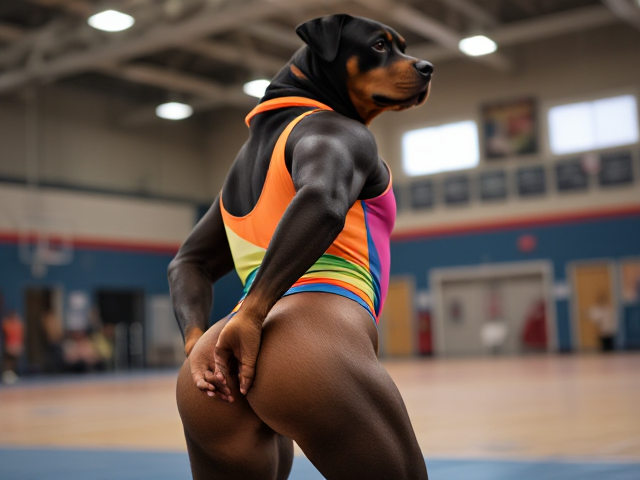 Anthropomorphic Rottweiler wearing a vibrant, colorful gymnastics leotard, highlighting strong and muscular hips, set in a lively gymnasium with bright lighting and energetic atmosphere