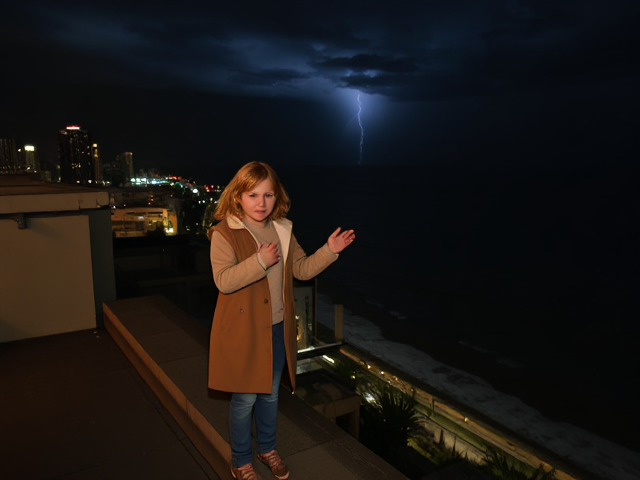 A petite 13-year-old girl with strawberry blonde hair, wearing a pullover and jeans, is standing on the roof ledge of a night club. Next to her on the roof, standing nearby is a modern-day, pale skinned vampire in his late twenties, with blonde hair, dressed in a brown trench coat and jeans. He appears uneasy as he looks at her. The girl gestures angrily at him, flailing her arms. A thunderstorm approaches the cityscape from the sea shore. Set at night.