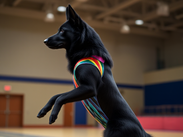 Anthropomorphic black German shepherd wearing a colorful gymnastics leotard in a gymnasium, performing a graceful routine, dynamic lighting, detailed fur texture