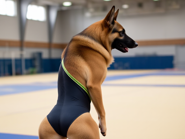 A anthropomorphic German shepherd with strong hips and strong shoulders wearing a gymnastics leotard in a gymnastics center