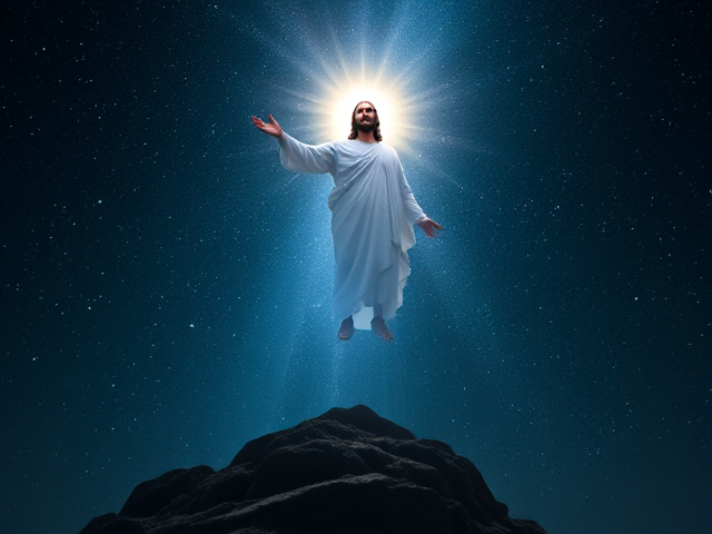 A celestial scene where the divine figure of Jesus emerges triumphantly in the starlit expanse, his countenance aglow, bestowing hope upon a darkened world below.