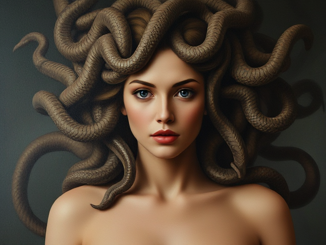 Medusa Greek goddess, snakes for hair, painting, good lighting and on a stand