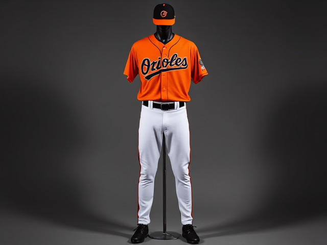 An Orioles uniform black hat orange vintage v neck jersey white baseball pants with black and orange piping down the sides of the pants black socks and cleats displayed on a mannequin