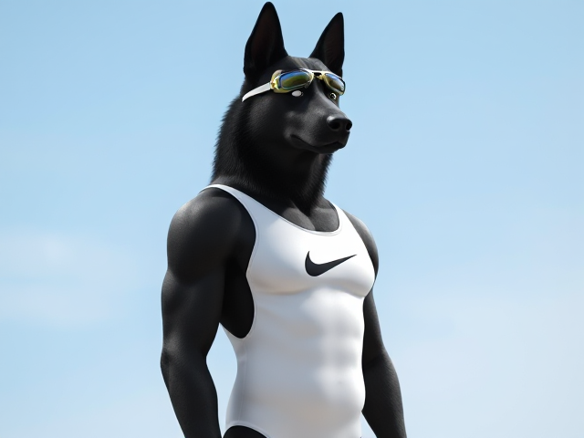 A tall and lean anthropomorphic black German shepherd with a long torso and broad shoulders wearing a white high cut Nike one piece swimsuit and swimming goggles