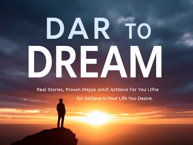 "Create a image 'Dare to Dream: Real Stories, Proven Steps to Achieve the Life You Desire.' The cover should feature a dynamic sky, transitioning from darkness to a bright sunrise, symbolizing hope and new beginnings. In the foreground, include a silhouette of a person standing on a cliff's edge, looking out into the horizon with a sense of accomplishment and anticipation. The title 'Dare to Dream' should be large and prominent, with a clean, modern font, while the subtitle is smaller and positioned beneath it. Use a color palette that blends deep blues, purples, and orange hues, creating an uplifting and motivational tone."