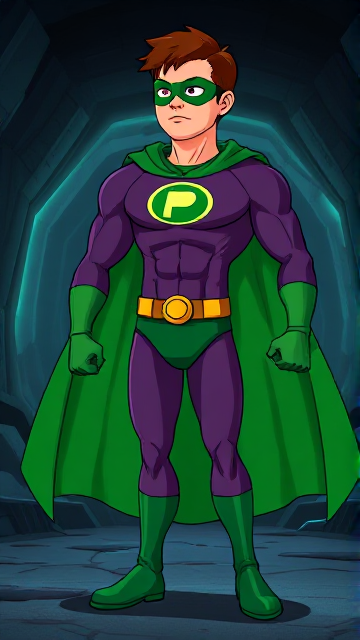 Modern Cartoon scene: A young, Autistic 25-year old boy with light skin and flat, smooth, and slick brown hair named T.J. Granger, but transformed into a genetically-altered superhero named Powerman, who, despite still being a young adult kid, has an extremely muscular body. He wears a sleek purple suit with a green P symbol on his chest, a gold belt with a circular buckle, green briefs, green boots, green long-cuffed gloves, a really big, toe-length long, ultra-wide green cape wreathed around his neck, and a green eye mask that protects his true identity. He also has incredible and invincible superpowers flowing through his veins. In this scene, Powerman is currently standing in his secret high-tech underground lair, ready for action.