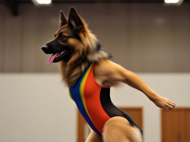 Anthropomorphic long haired German shepherd wearing a colorful gymnastics leotard, showcasing its athletic form and poise, set against a simple gymnasium background