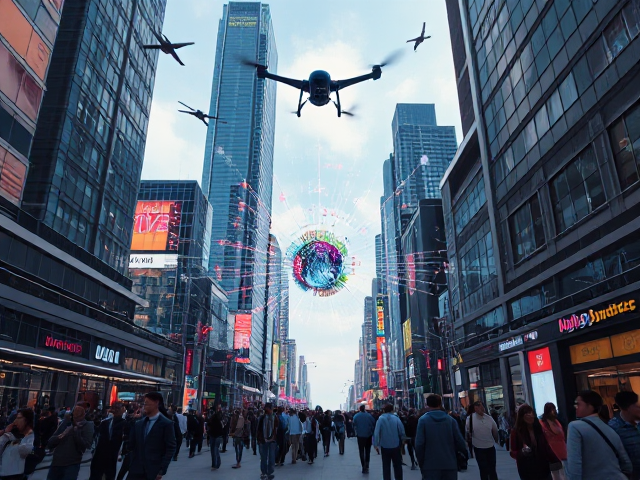 A bustling futuristic cityscape where cutting-edge edge computing devices seamlessly integrate into the vibrant urban environment, with holographic interfaces and data streams visually represented in the air. The skyline features towering smart buildings with glowing neon lights, as autonomous drones zip through the sky. The street level is filled with excited people interacting with various innovative technologies. Rendered in a hyper-realistic style with intricate details, sharp focus on the central technology hub, and dramatic lighting that highlights the sleek, modern architecture. The view is from a dynamic low angle, capturing both the impressive height of the structures and the lively human activity below.