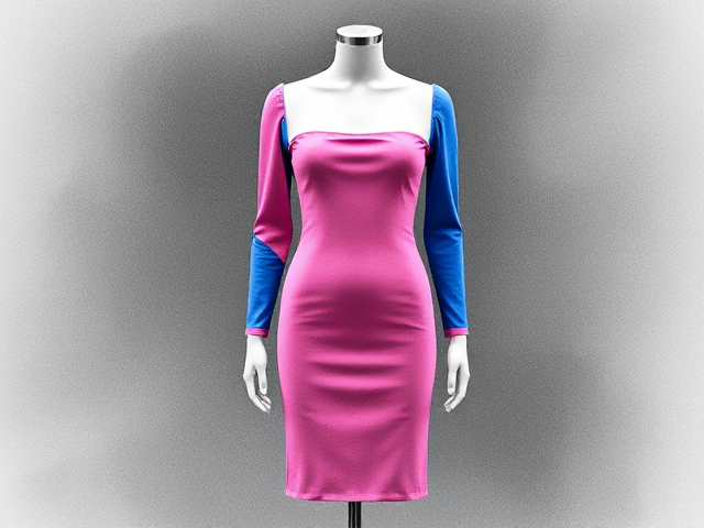 Mannequin élégamment vêtu d'une robe moulante rose et bleue qui s'arrête aux genoux, avec des manches longues et un décolleté raffiné