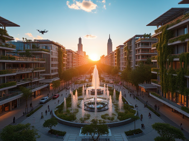 Ville futuriste intelligente au lever du soleil, bâtiments modernes avec des jardins suspendus et des panneaux solaires, drones livrant des colis, personnes utilisant des vélos électriques et voitures autonomes, fontaines colorées dans un parc central, ambiance joyeuse avec une architecture avant-gardiste intégrant la nature, ciel bleu clair avec quelques nuages blancs, vue aérienne à 45 degrés montrant l'harmonie entre technologie et environnement naturel