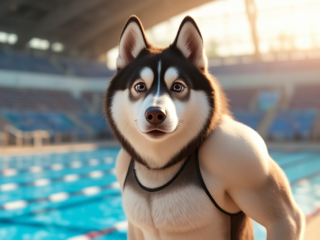 A tall Alaskan malamute Olympic swimmer with broad shoulders wearing a swimsuit, standing on a pool deck