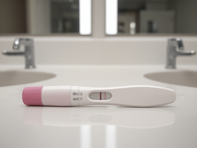 Positive pregnancy test, laying flat on a white surfaced counter, silver sink, and mirrors