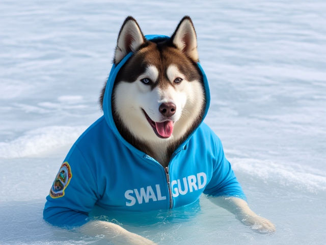 Anthropomorphic Alaskan malamute lifeguard hoodie swimsuit ice bath