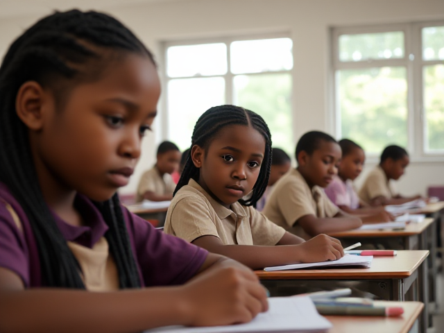 Des élèves africaines  âgés de huit ans avec des tresses assis dans une salle de classe lumineuse, concentrés sur un devoir, avec des bureaux et du matériel scolaire visible autour d'eux, lumière naturelle entrant par les fenêtres