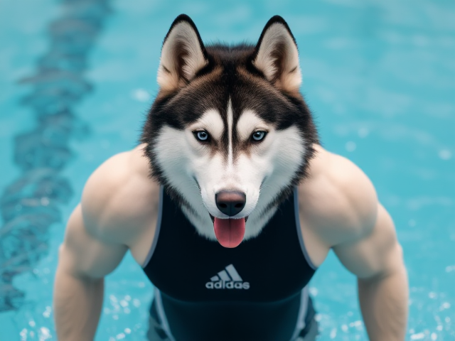 A anthropomorphic Siberian husky with broad shoulders wearing an adidas swimsuit and swimming goggles