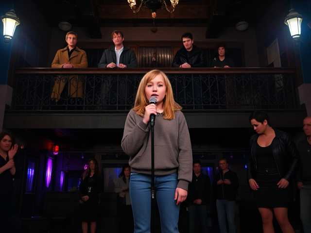 a petite 13-year-old girl with strawberry blonde hair, wearing jeans and a hooded pullover, singing karaoke on a dimly lit stage in a Gothic nightclub. Above and behind her, on the second-floor balcony, are three modern vampires in their early 20s. The first is a male with blonde hair and a brown trenchcoat, the second has pale skin with dark brown hair and wears a black leather coat. The third is a pale-skinned woman with short black hair in black leather. They watch her in awe as she sings professionally, feet apart, shoulders straight, hands at her sides without touching the microphone on its stand. The club atmosphere is dark and Gothic, with patrons dressed in dark clothing resembling young adult vampires