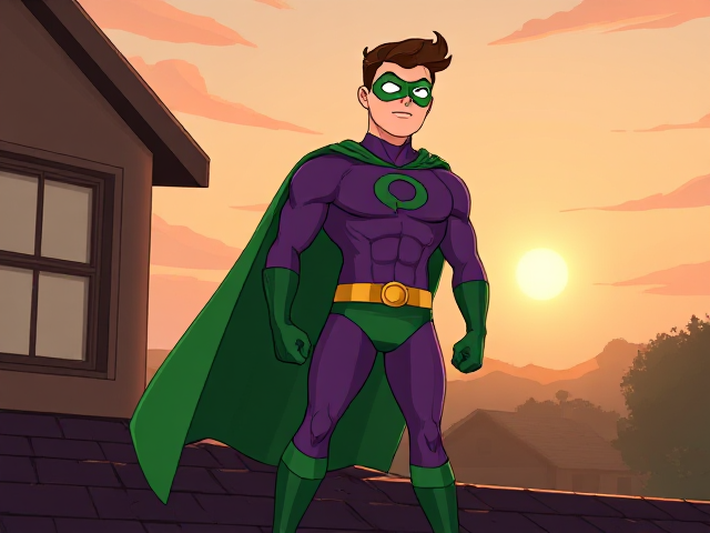 Dramatic Cartoon scene: A young, Autistic 25-year old boy with light skin and flat, smooth, and slick brown hair with a singular curled bang in the shape of a P sticking out at the front named T.J. Granger, but transformed into a genetically-altered superhero named Powerman, who, despite still being a young adult kid, has an extremely muscular body. He wears a sleek purple bodysuit with a green P symbol on his chest, a golden belt with a circular buckle, green briefs, green boots, green long-cuffed gloves, a really big, toe-length long, ultra-wide green cape wreathed around his neck, and a green eye mask that protects his true identity and also causes his pupils to magically disappear as his eyes glow an eerie white. He also has incredible and invincible superpowers flowing through his veins. In this scene, Powerman is currently standing on the roof of his house in the morning, ready for action.