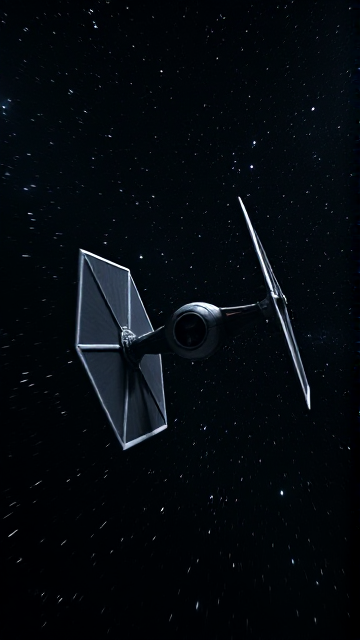 In the Star Wars universe. In Deep Space. A Tie Fighter flies through space.