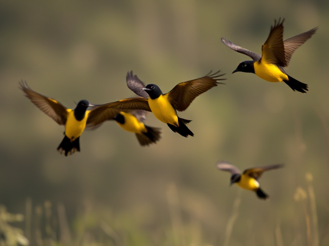 Create an image of honeyeater birds flying around pygmy goats