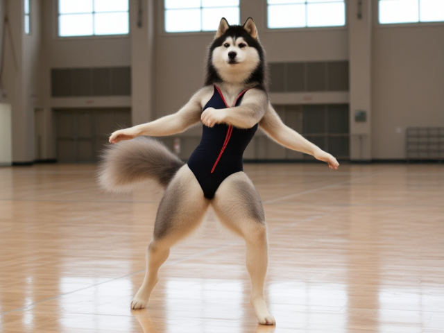Anthropomorphic Alaskan malamute with strong hips, wearing a gymnastics leotard, performing in a gymnasium, detailed and dynamic pose