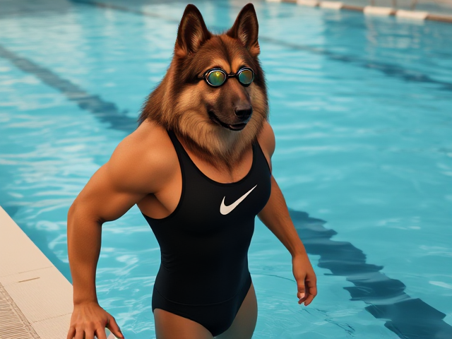 A tall anthropomorphic long haired German shepherd with a long torso and broad shoulders, wearing a high cut Nike one piece swimsuit and swimming goggles, in a Olympic swimming pool