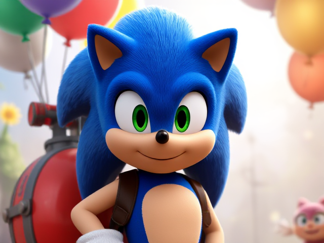 Sonic the Hedgehog with a helium tank and balloons