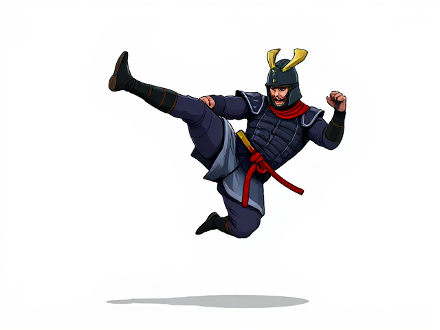 cartoonish 8 bit samurai jump-kicking against a blank white background