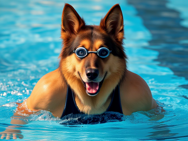 A anthropomorphic long haired German shepherd Olympic swimmer wearing a one piece swimsuit and swimming goggles