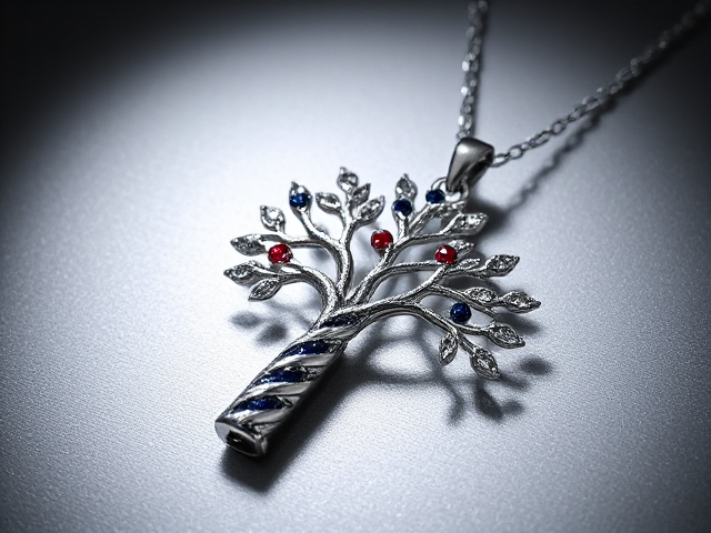 silver tree pendant necklace, intricately crafted with exquisite detail, shimmering silver surface, the trunk and branches are made from rare red painite and deep blue sapphires, creating a striking pattern like a candy cane, dazzling diamonds elegantly set as leaves glistening in light, sophisticated and luxurious design, soft ambient lighting highlighting every aspect of craftsmanship, macro focus capturing every facet and sparkle in high resolution, elegant branches extending gracefully from the trunk with meticulous precision