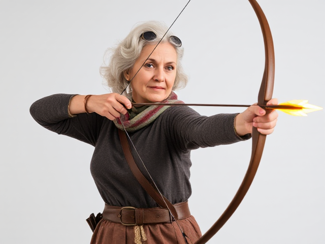 old lady in modern clothing with a flaming bow and arrow