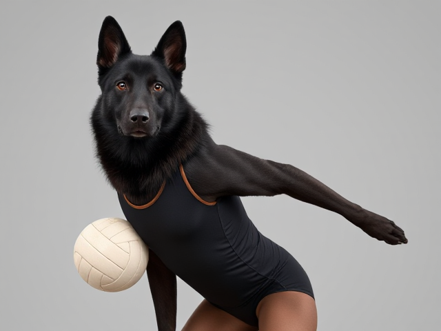 Anthropomorphic black German shepherd wearing a volleyball leotard, focus on athletic build and dynamic pose