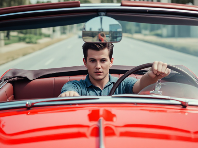 a hi res photorealistic picture of a James Dean type looking man driving a 1950's candy red convertible. the passenger seat is empty.