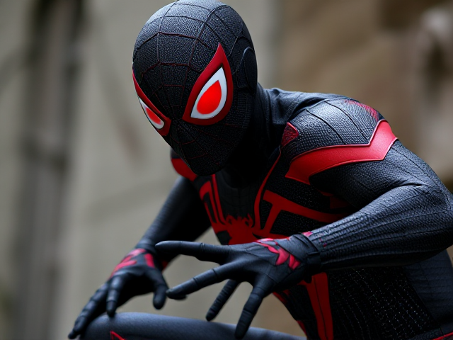 Créé une image d'un Spider-man avec un costume symbiote noir et rouge avec les yeux rouges et des gantelets à aileron