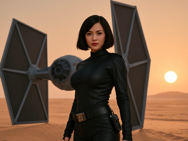 Set in the Star Wars universe, in a distant wide-angle view on Tatooine, Siree, a young, sultry woman with short black hair in a bob cut, wearing a sleek black Imperial officer's uniform with a gun belt and blaster in the holster, stands confidently next to an imposing Imperial TIE Fighter, the twin suns casting long shadows and adding a dramatic flare to the scene