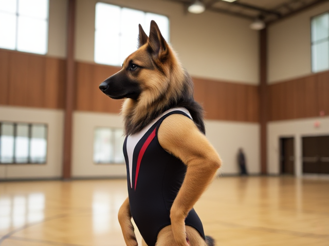 A anthropomorphic long haired German shepherd wearing a gymnastics leotard in a gymnasium