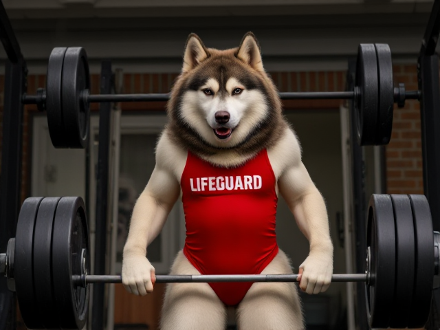 A anthropomorphic alaskan malamute wearing a red lifeguard one piece swimsuit deadlifting a barbell