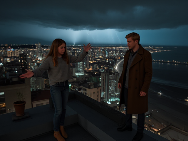 A petite 13-year-old girl with strawberry blonde hair, wearing a pullover and jeans, is standing on the roof ledge of a night club. Next to her on the roof, standing nearby is a modern-day, pale skinned vampire in his late twenties, with blonde hair, dressed in a brown trench coat and jeans. He appears uneasy as he looks at her. The girl gestures angrily at him, flailing her arms outwards and scowling at him. A thunderstorm approaches the cityscape from the sea shore. Set at night.
