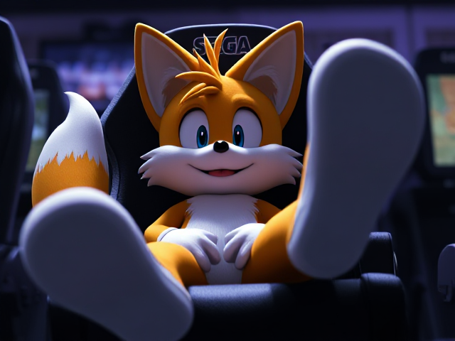 A close up of Tails the two tailed Fox siting in a gaming chair, Siting in a chair with both his legs in the air, SEGA Video Game