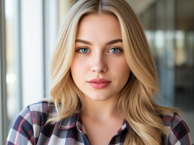 A thick-bodied preppy blonde-haired college girl with plump lips