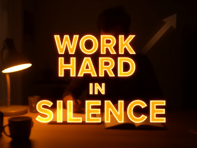"Create a powerful and uplifting thumbnail with a warm, glowing atmosphere. The background features a serene workspace with a glowing desk lamp, an open notebook, and a cup of coffee, evoking focus and hard work. In the center, a silhouette of a person is seen working intently, with a subtle golden aura around them symbolizing determination and resilience. Overlay the bold, dynamic text: 'Work Hard in Silence' in large, glowing font, using vibrant colors like gold or white to signify ambition and success. Add an upward arrow or faint beams of light in the background, subtly suggesting progress and achievement. The overall tone should inspire viewers with a sense of purpose and determination."