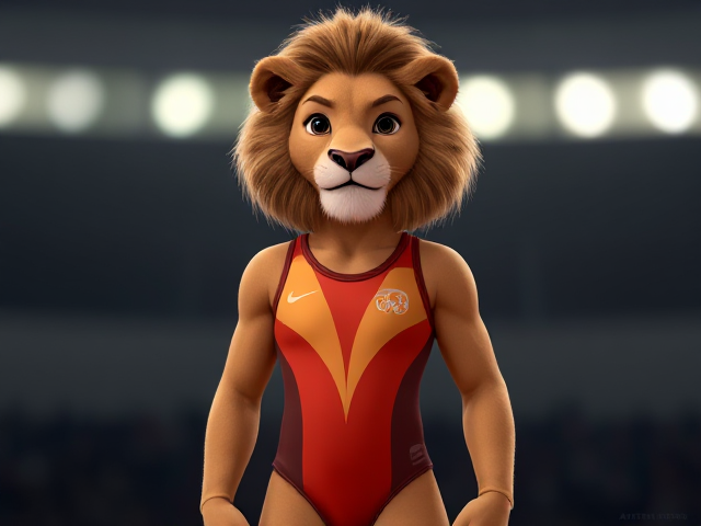 A anthropomorphic lion Olympic gymnast wearing a leotard