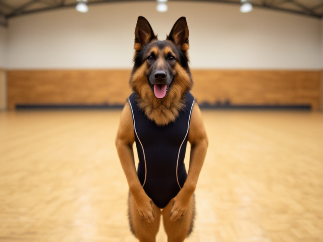 A anthropomorphic long haired German shepherd wearing a gymnastics leotard in a gymnasium