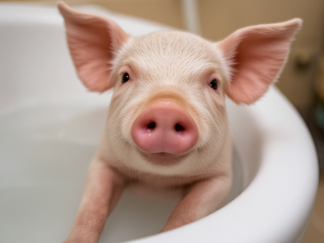 A cute pig taking a bath