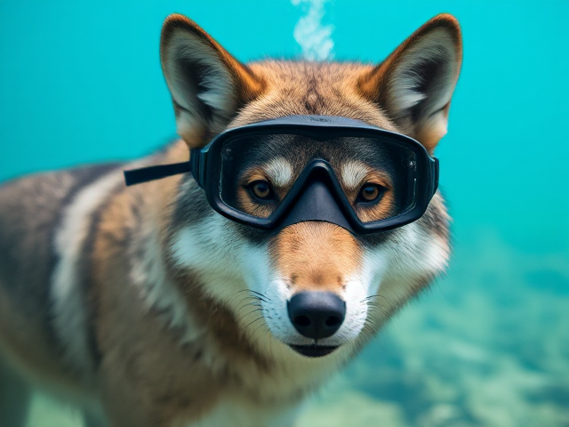A Wolf wearing Freediving goggles