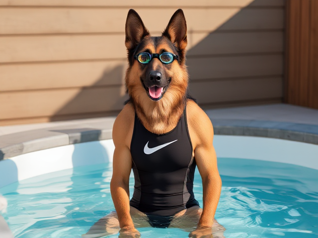 A tall and lean anthropomorphic long haired German shepherd with a long torso and broad shoulders wearing a high cut Nike one piece swimsuit and swimming goggles while sitting in a hot tub