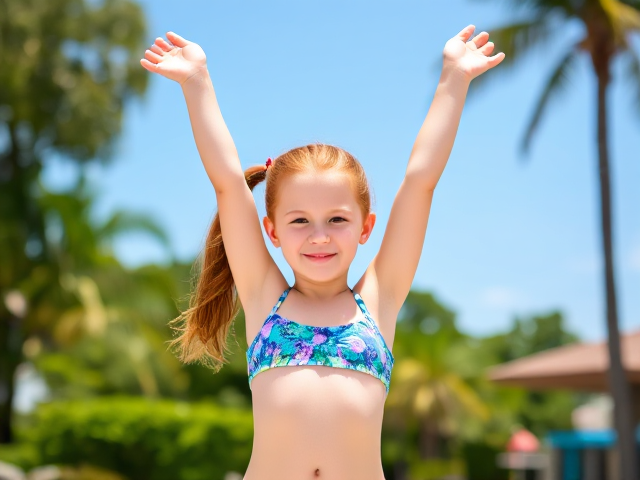 Young redhead girl (9-10 years old) with a ponytail and freckles, wearing a two-piece bikini. Full body shot with both arms raised in a pose, standing in an outdoor setting on a sunny day.