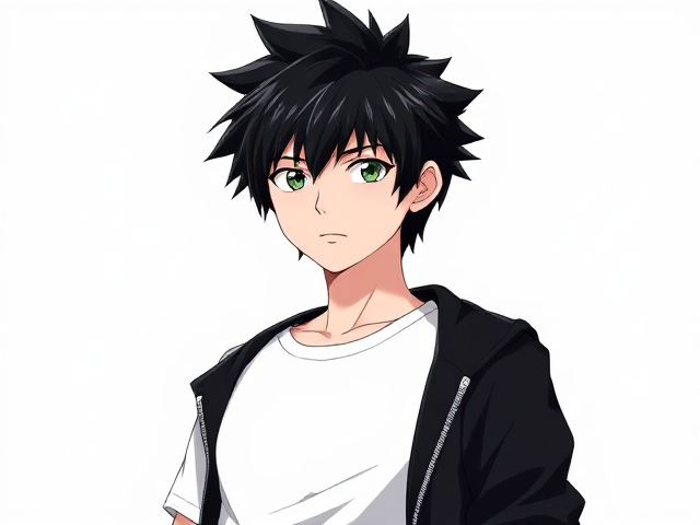 My hero academia inspired styled OC. Black spikey hair. Around 14. Wears a white T-shirt with a black jacket. 3/4 view. Green or grey eyes. Full head in view. Half body shot.