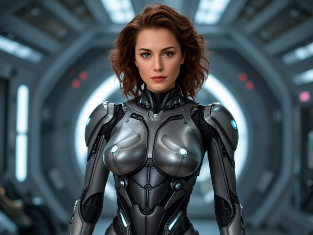 Futuristic female robot with sleek metallic design, glowing elements, and advanced circuitry, standing in a high-tech environment, Nyssa of Traken , curly brown hair, dr who